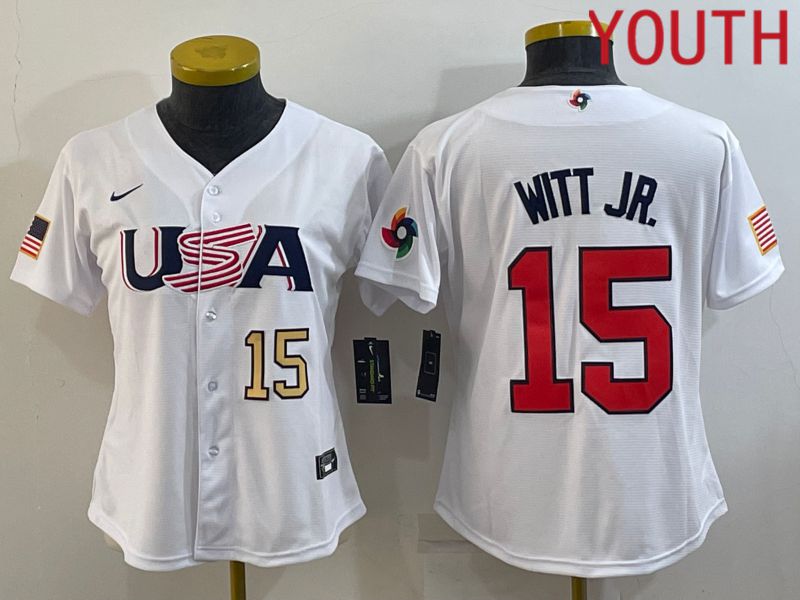 Youth 2023 World Cub USA #15 Witt jr White MLB Jersey1